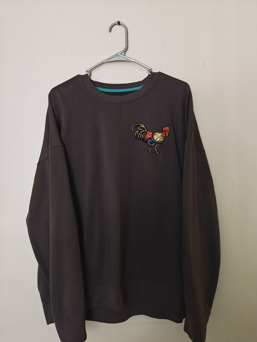 Men's Dark Brown Crewneck Sweater with Rooster Embroidery